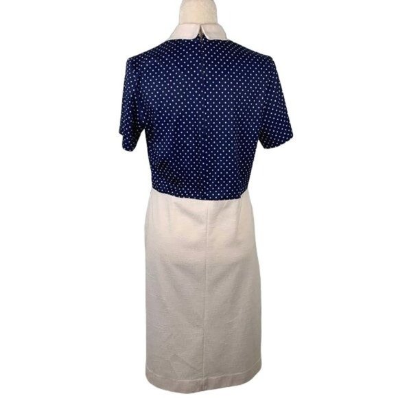 Vintage Polka Dot Linen Blend Dress M Blue White Zip V Neck Collar Rockabilly - Picture 7 of 7